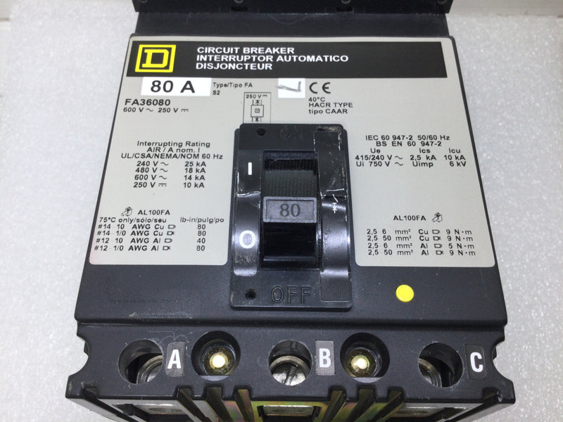 Square D FA36080 3 Pole 80 Amp 600 Volt Circuit Breaker