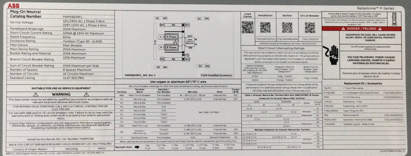 ABB PAM0820RFL 200 Amp 8 Space 1PH 3W 120/240V PON Main Breaker Load Center