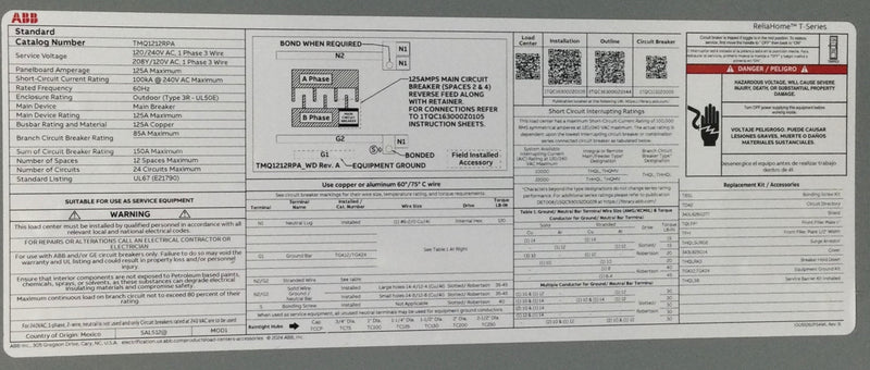 ABB TMQ1212RPA 125 Amp 12 Space/24 Circuit 1PH 3W 120/240V Load Center