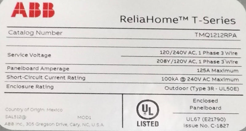 ABB TMQ1212RPA 125 Amp 12 Space/24 Circuit 1PH 3W 120/240V Load Center
