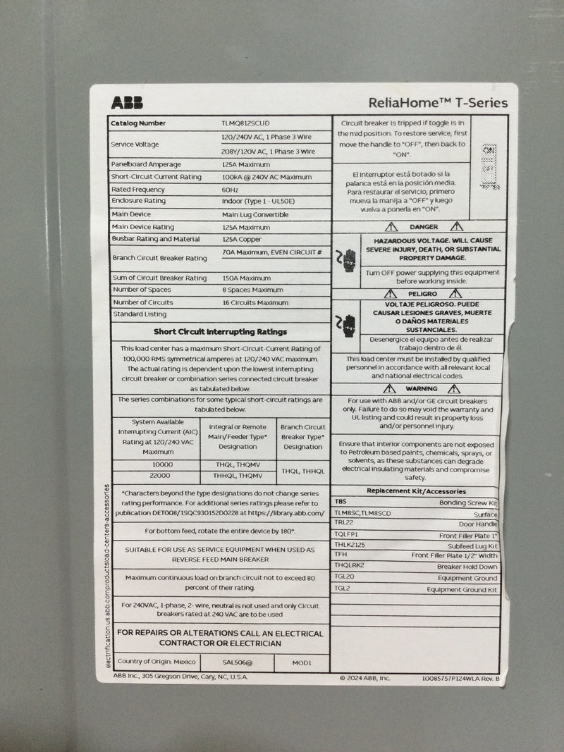 ABB TLMQ812SCUD 125A 8 Circuit 1PH 3W Surface Mount Indoor Load Center