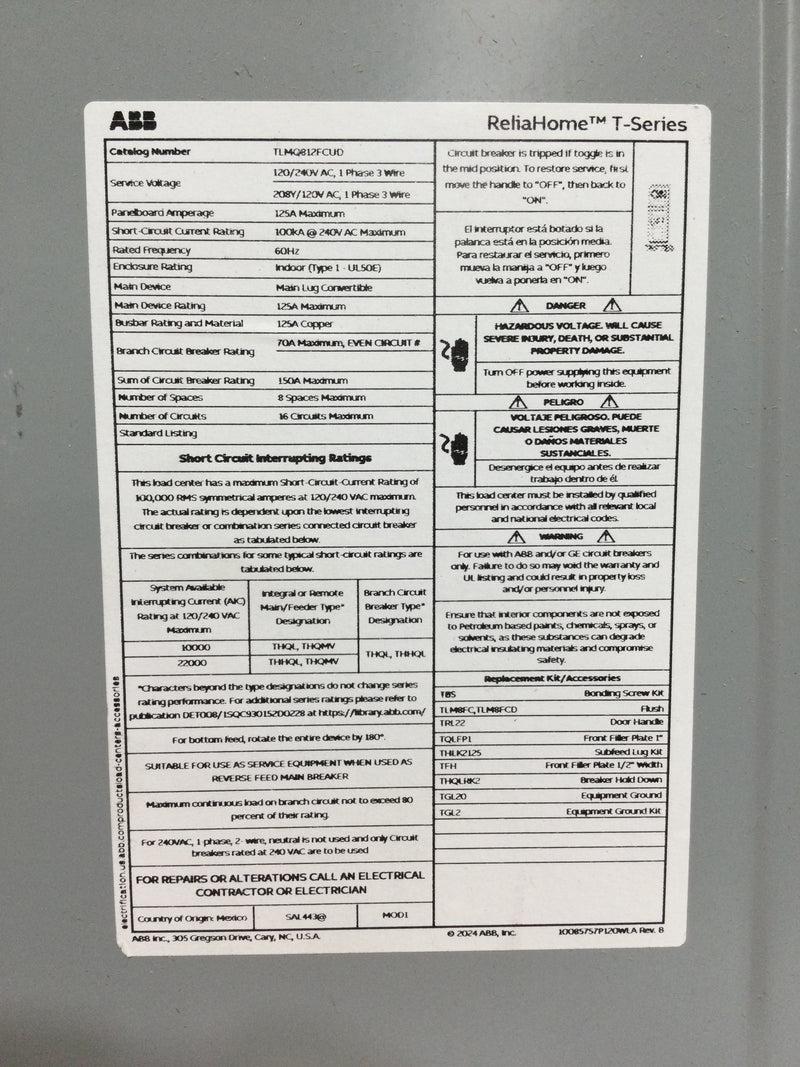 ABB TLMQ812FCUD 125A 8 Circuit 1PH 3W Flush Mount Indoor Load Center
