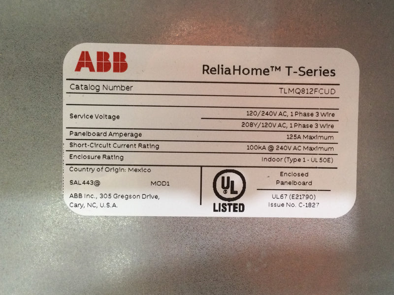 ABB TLMQ812FCUD 125A 8 Circuit 1PH 3W Flush Mount Indoor Load Center
