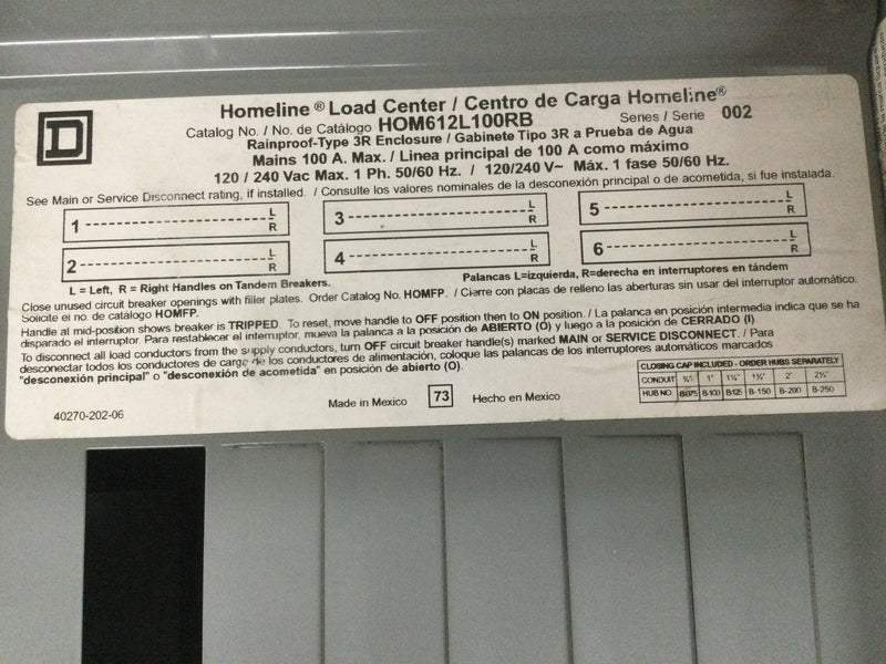 Square D HOM612L100RB Load Center Main Lug 100 Amp Load Center