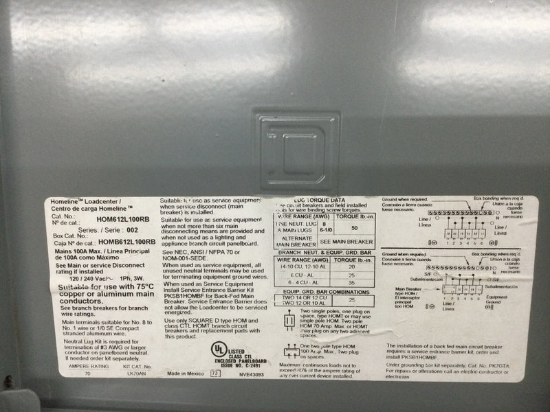 Square D HOM612L100RB Load Center Main Lug 100 Amp Load Center