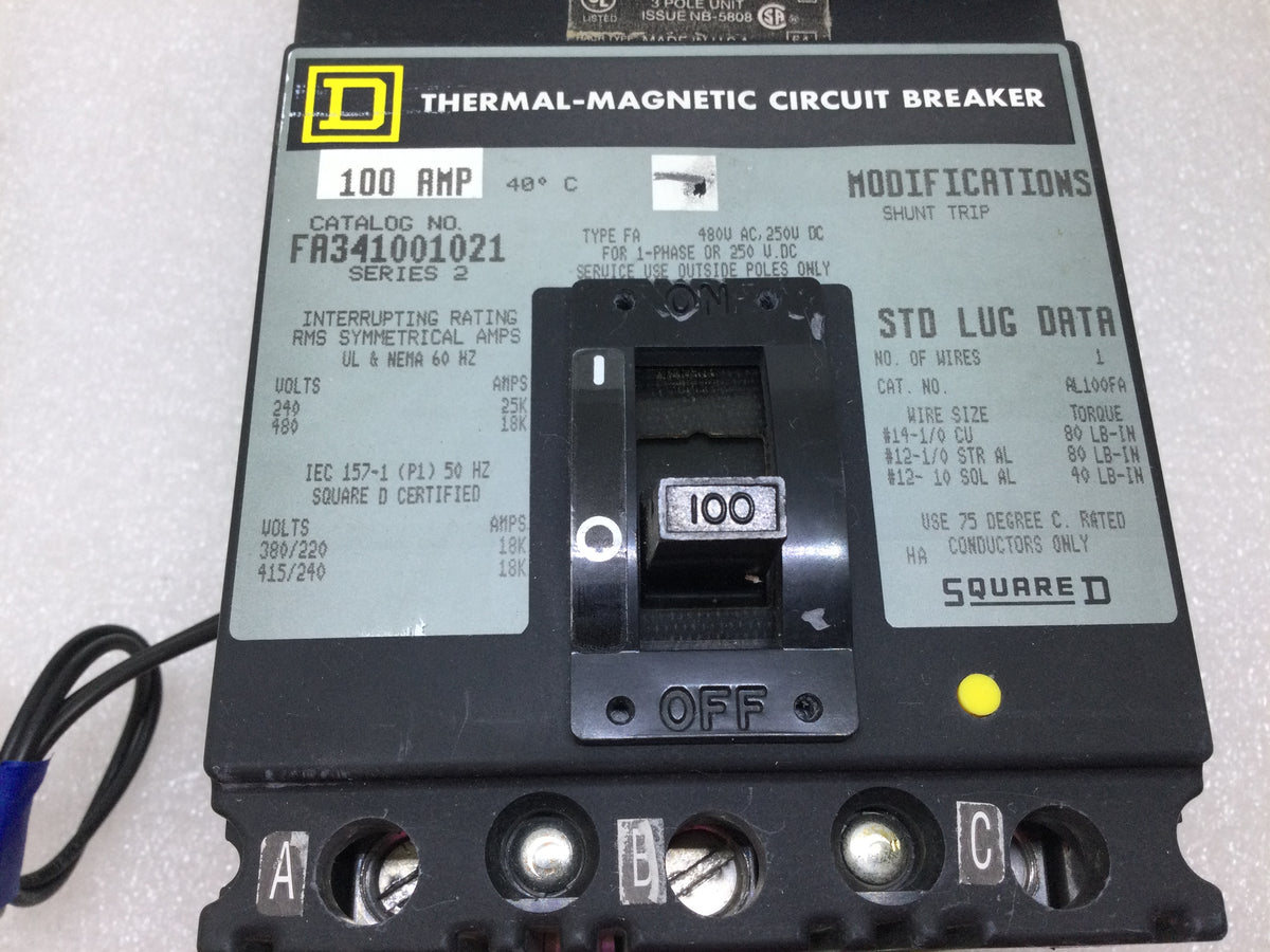 Interruttore Circuito Square D FA34100 – 3 Poli 100 Amp 480V Grigio – Testato E Garantito