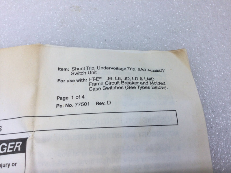 ITE/Siemens S01JLD6 Shunt Trip 120VAC 60Hz. .395Amp