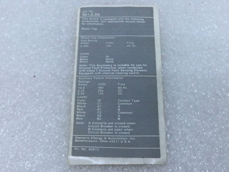 ITE/Siemens S01JLD6 Shunt Trip 120VAC 60Hz. .395Amp