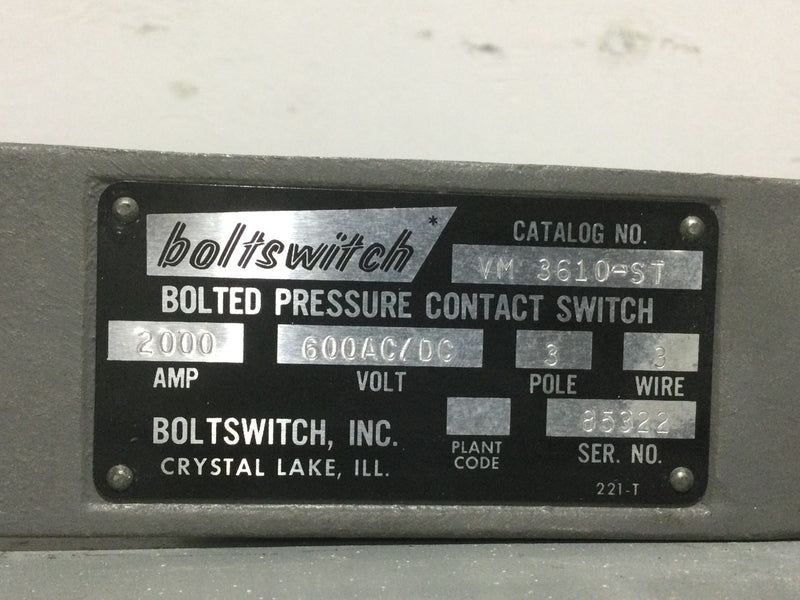 Boltswitch VM3610-ST 2000 Amp 600AC/DC 3 Pole 3 Wire  66" x 34" Bolted Pressure Contact Switch