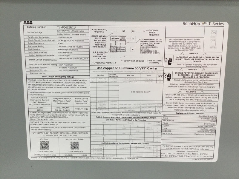 ABB TLMQ612RCU 125A 6 Space 12 Circuit Outdoor COVER ONLY 11 5/8" x 11 1/8"
