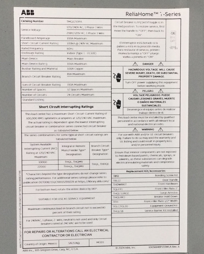 ABB TMQ1210PA 100 Amp 12 Circuit 1PH 3W 240V Main Breaker Load Center