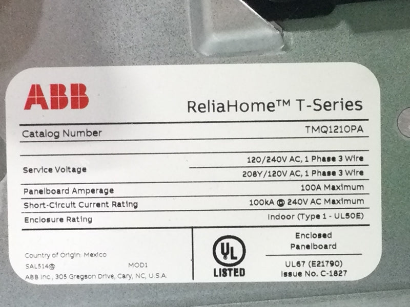 ABB TMQ1210PA 100 Amp 12 Circuit 1PH 3W 240V Main Breaker Load Center