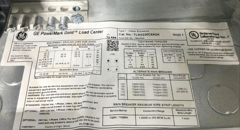 GE TLM3220C64GK 200 Amp 32 Space/64 Circuit 1 PH 120/240V Main Lug Load Center