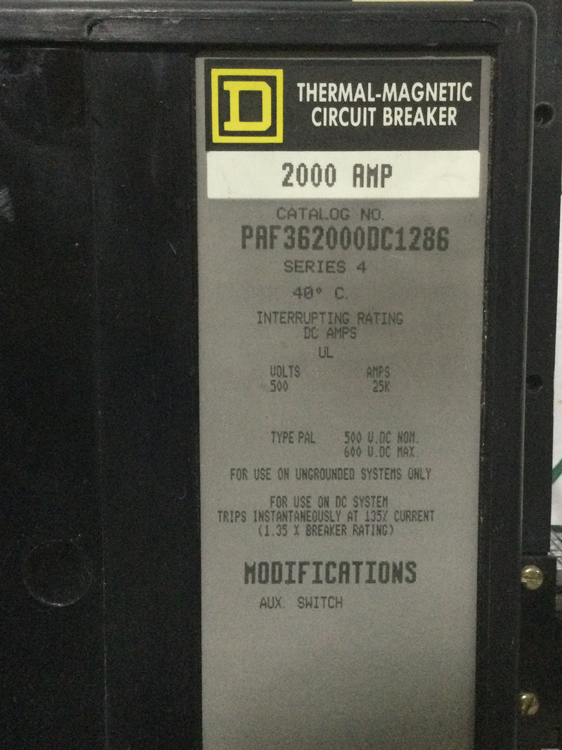 Square D PAF362000DC1286 2000A DC Circuit Breaker w/Aux PA11286 250Vac 11 Amp