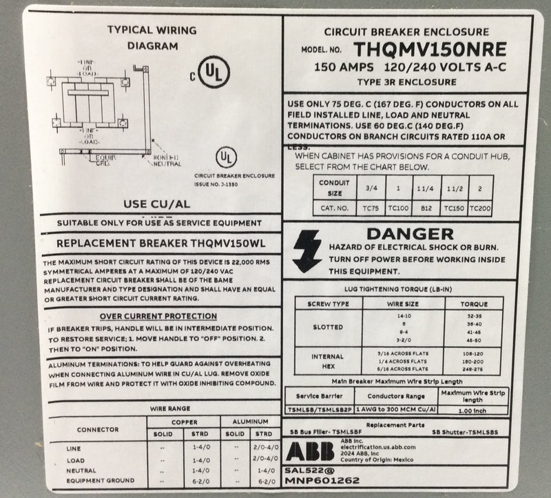 ABB THQMV150NRE 150 Amp 1PH 3W 240V Enclosed Circuit Breaker Disconnect