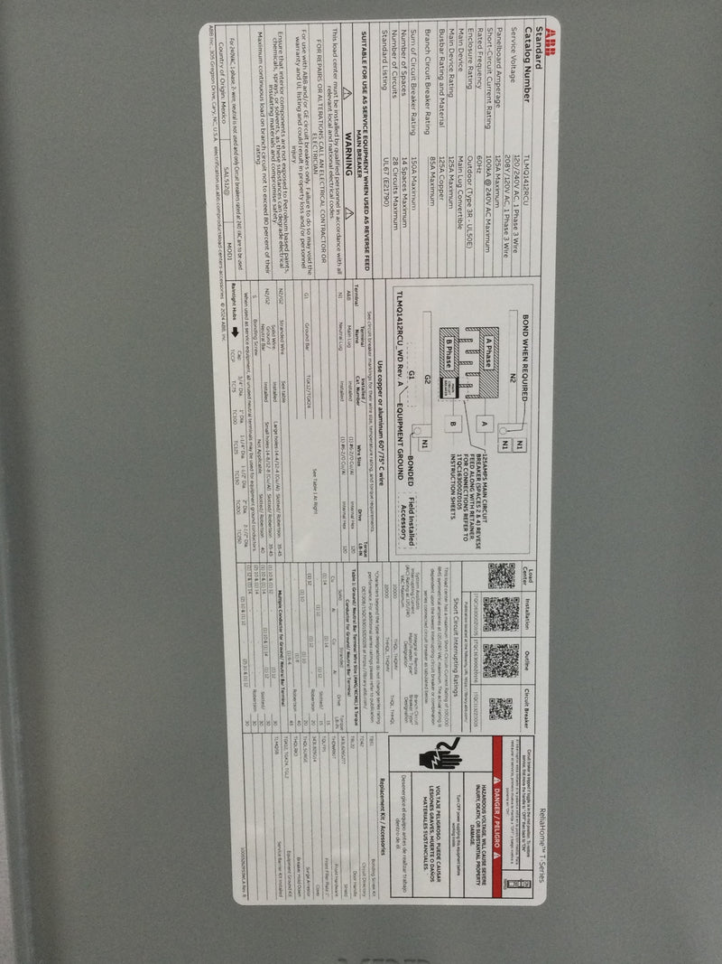 ABB TLMQ1412RCU 125A 24 Circuit 1PH 3W Surface Mount Main Lug Load Center