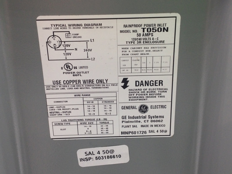 GE/General Electric T050N 50 Amp 1PH 120/240V Twist Lock Power Inlet