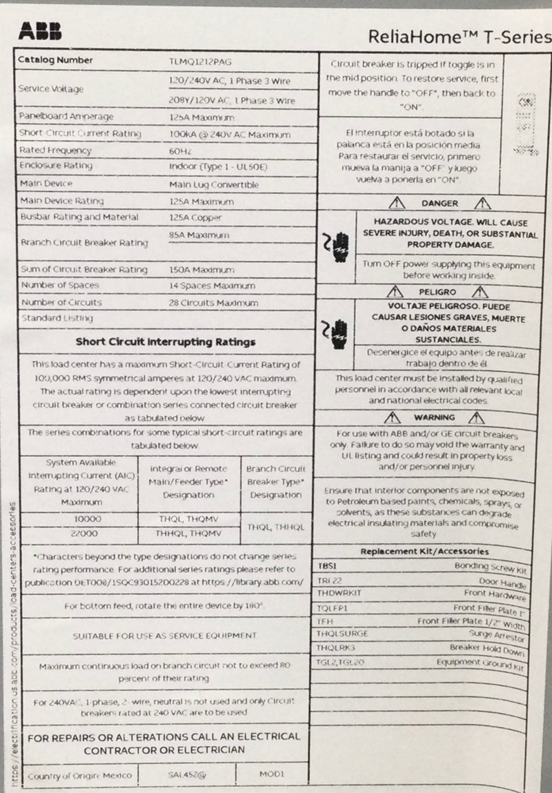 ABB TLMQ1212PAG 125 Amp 28 Space 1PH 120/240V Main Lug Load Center