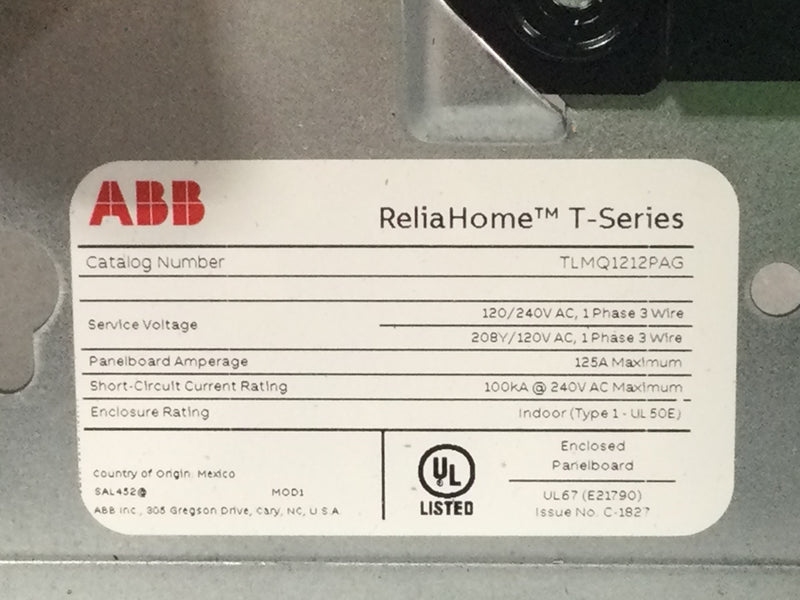 ABB TLMQ1212PAG 125 Amp 28 Space 1PH 120/240V Main Lug Load Center