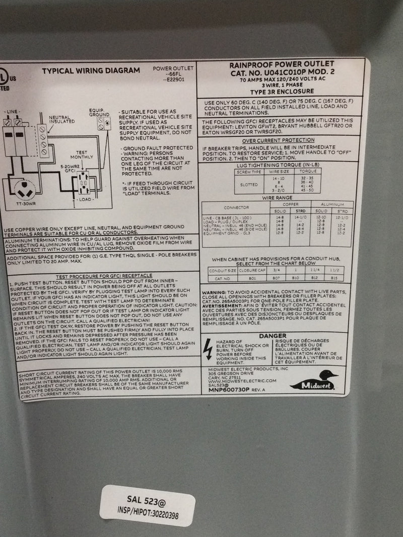 Midwest U041C010P 70A 120/240V 1Ph 3W Model 2 Nema 3R Enclosure 14 1/8" x 6 5/8"