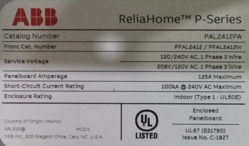 ABB PAL2412PA 125 Amps 24 Space/48 Circuit 1PH 240V PON Main Lug Load Center