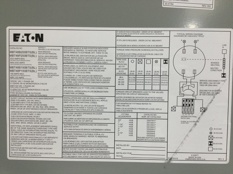 Eaton MBT48B200BTS 200 Amp 4 Space 120/240V Type BR Outdoor Meter Breaker Panel
