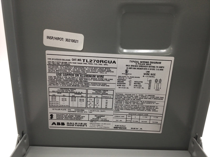 ABB TL270RCUA 70 Amp 2 Space 120/240 VAC Outdoor Load Center 7.5" X 10"