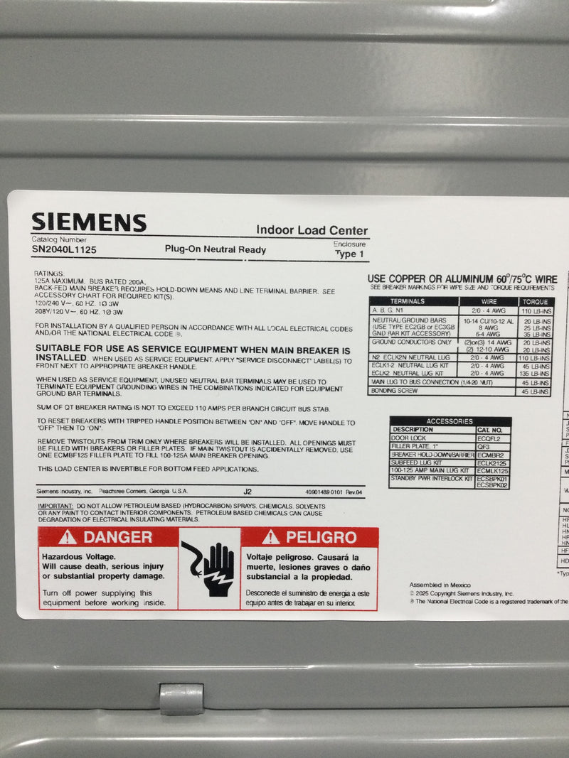 Siemens SN2040L1125 125 Amp 20 Space 120/240V Indoor Main Lug Load Center