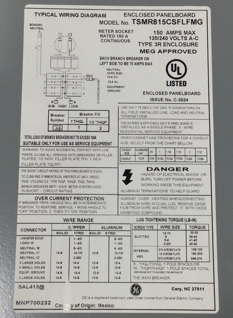 GE TSMR815CSFLFMG 150A 8 Space 1 PH 240V Ringless Main Meter Socket/Load Center