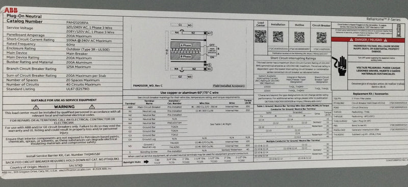 ABB PAM2020RPA 200 Amp 20 Space 1PH 3 Wire 120/240V Main Breaker Load Center