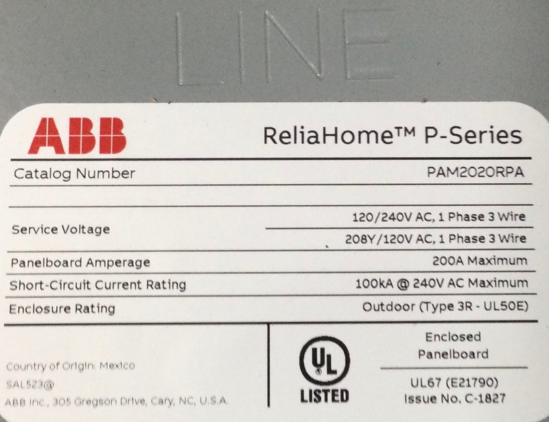 ABB PAM2020RPA 200 Amp 20 Space 1PH 3 Wire 120/240V Main Breaker Load Center
