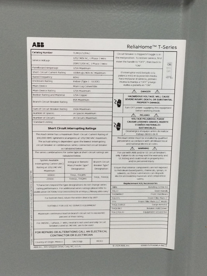 ABB TLMQ1212PAG 125 Amp 14 Space 1PH 120/240V Main Lug Load Center - Flaw