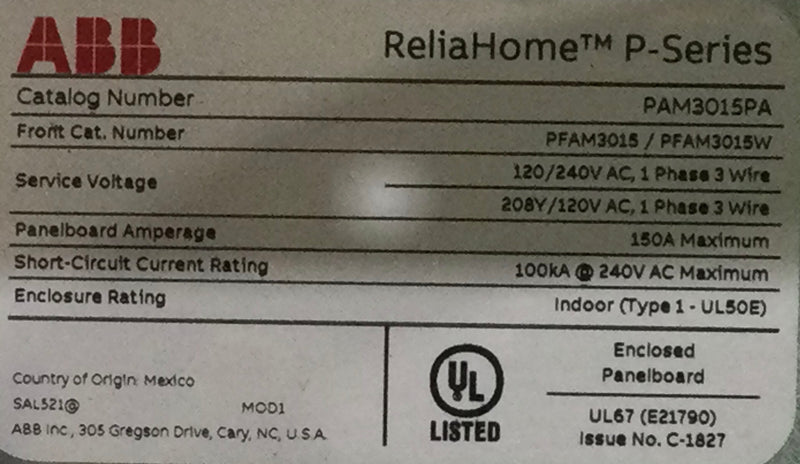 ABB PAM3015PA 150 Amp 60 Space 1PH 3 Wire 120/240V PON Main Breaker Load Center