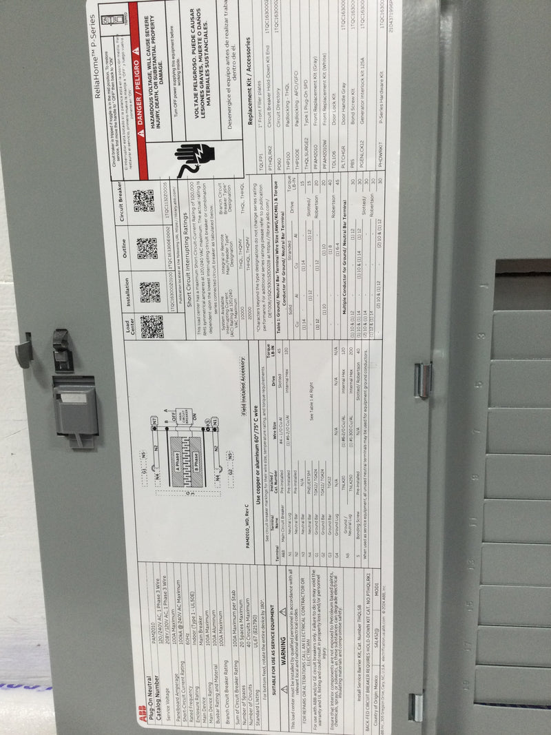 ABB PAM2010 100 Amp 20 Space 120/240V Main Breaker Load Center Door Only