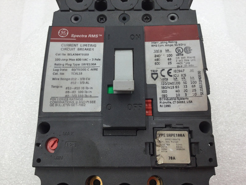 GE Spectra RMS SELA36AT0100 100 Amp 3 Pole 600V Circuit Breaker - Flawed