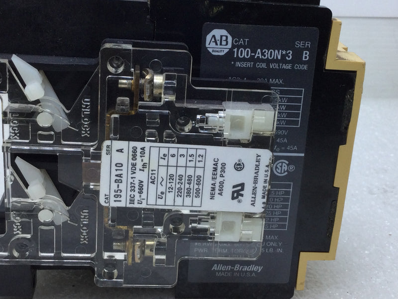 Allen-Bradley 100-A30N*3 Contactor Series B 30 Amp Max. Cont. 600VAC Max. NEMA A600