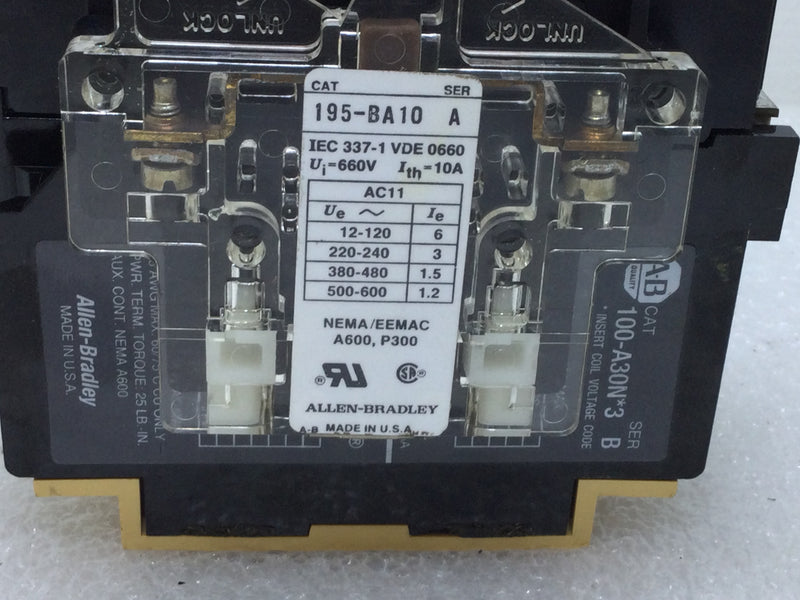 Allen-Bradley 100-A30N*3 Contactor Series B 30 Amp Max. Cont. 600VAC Max. NEMA A600