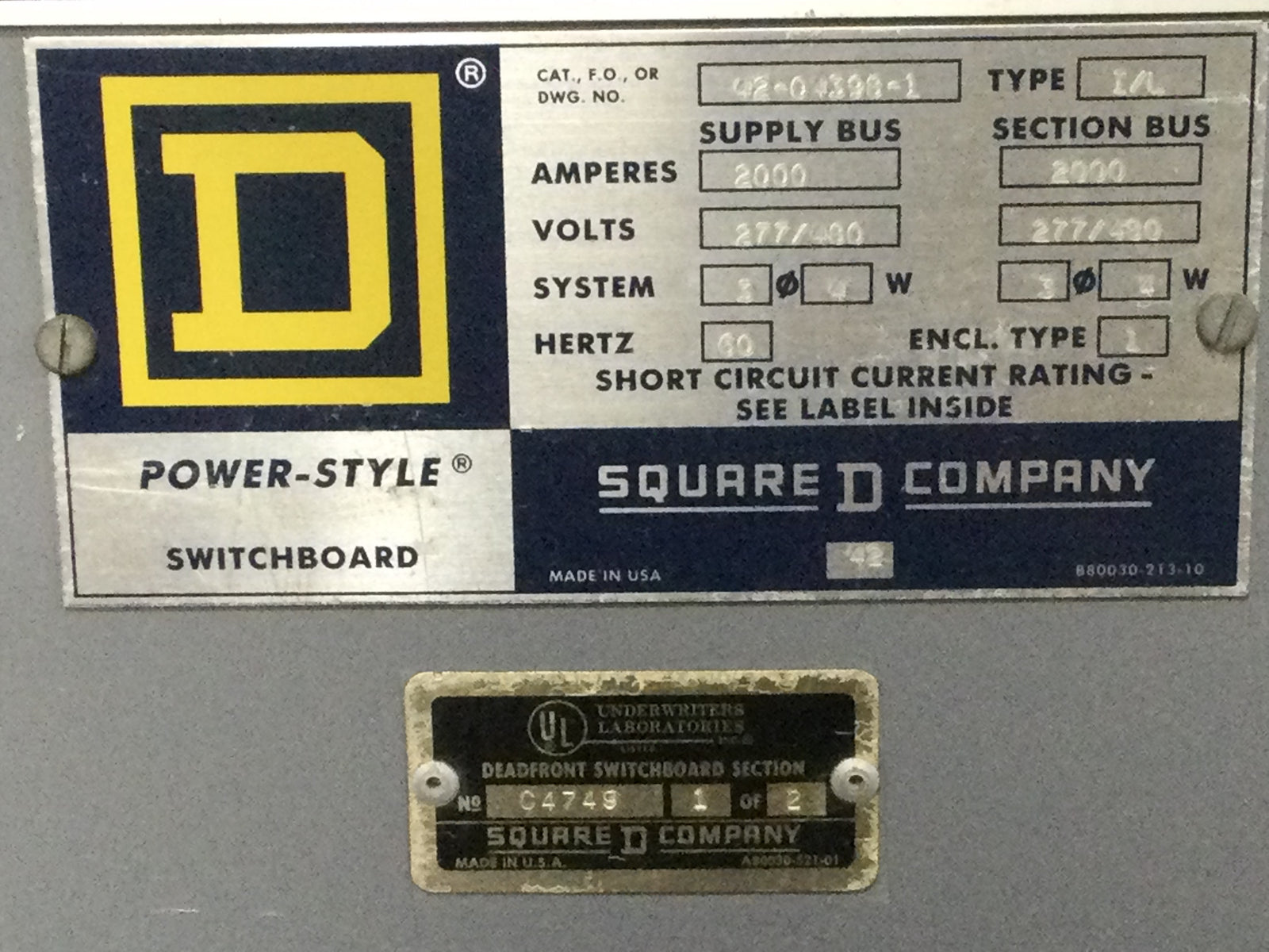 Square D 42-04398-1 2000 Amp MLO 277/480V 3 Phase 4 Wire I-line Switch