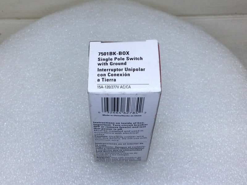 Cooper 7501BK-BOX 15 Amp Single Pole 120/277V Switch w/ Ground - Black