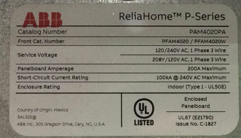 ABB PAM4020PA 200 Amp 40 Space 1PH 3 Wire 120/240V Main Breaker Load Center