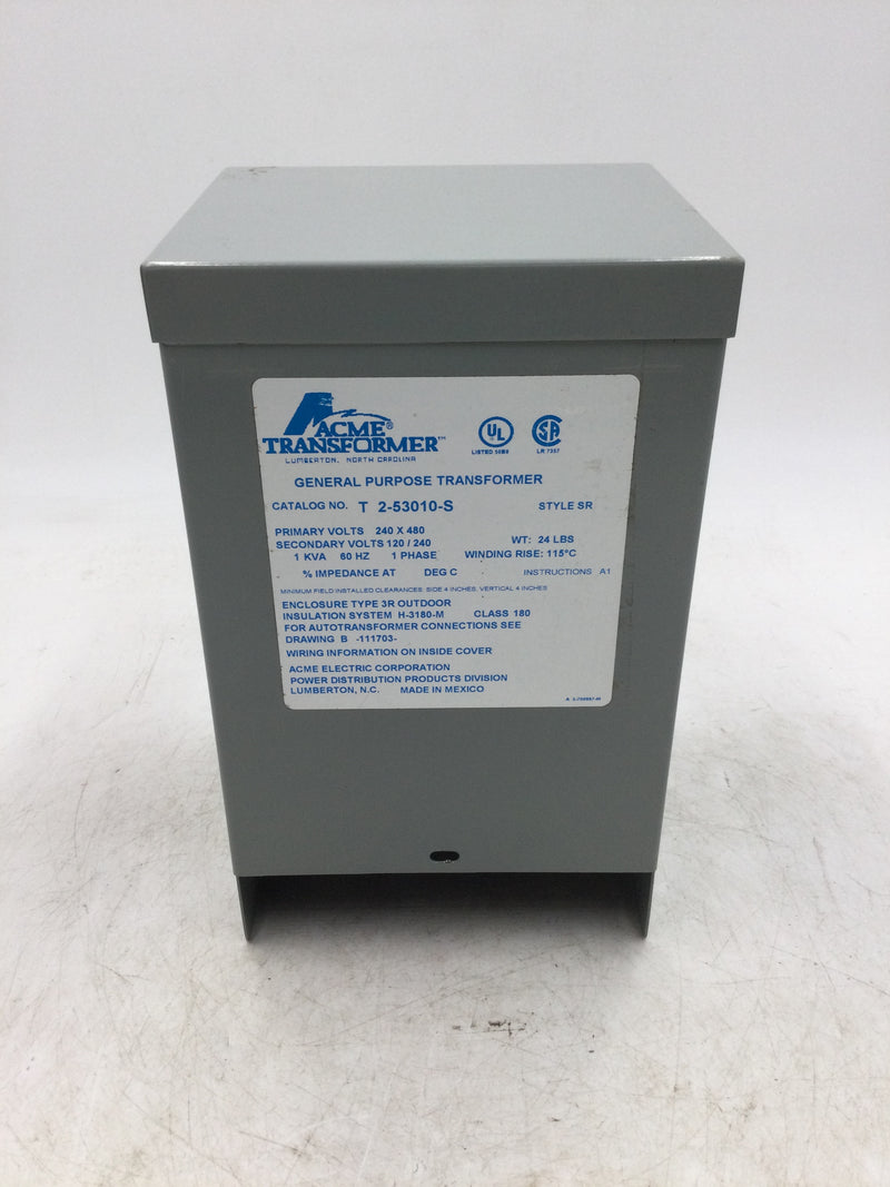 Acme Transformer T 2-53010-S 1 KVA 240/480 VAC Input 120/240 VAC Output 1 Phase 60 HZ