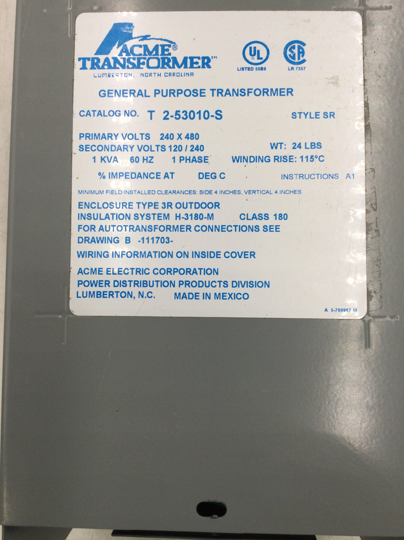 Acme Transformer T 2-53010-S 1 KVA 240/480 VAC Input 120/240 VAC Output 1 Phase 60 HZ
