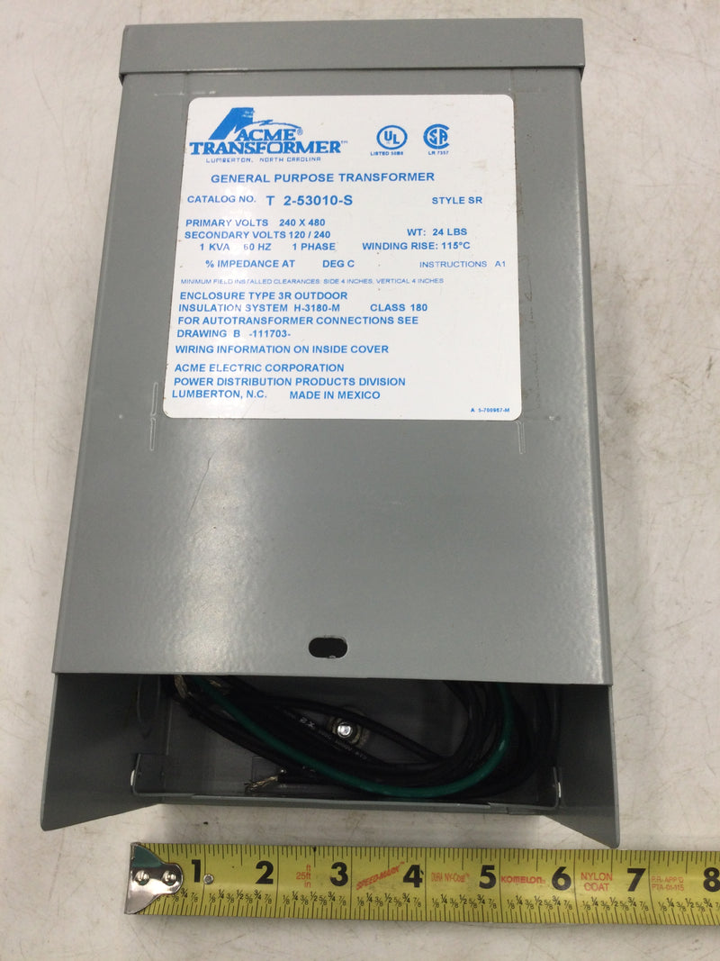 Acme Transformer T 2-53010-S 1 KVA 240/480 VAC Input 120/240 VAC Output 1 Phase 60 HZ
