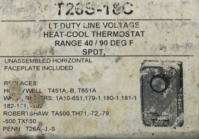 Johnson Controls T26S-18C 1 Pole 24V-277V 40/90 Deg Heat/Cool Thermostat