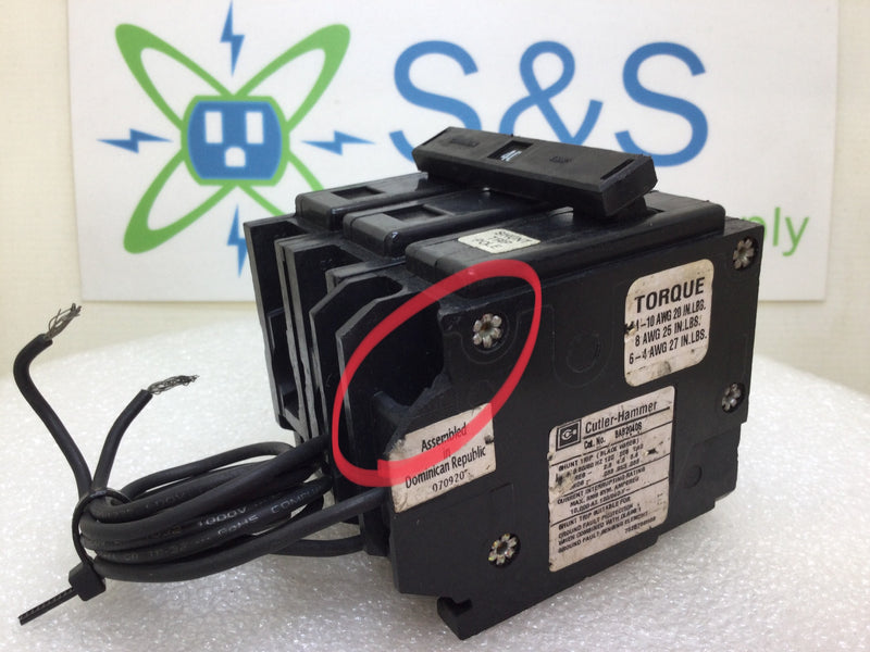 Cutler Hammer BAB2040S 40 Amp 2 Pole 120/240V Bolt on Breaker w/ Shunt - FLAWED