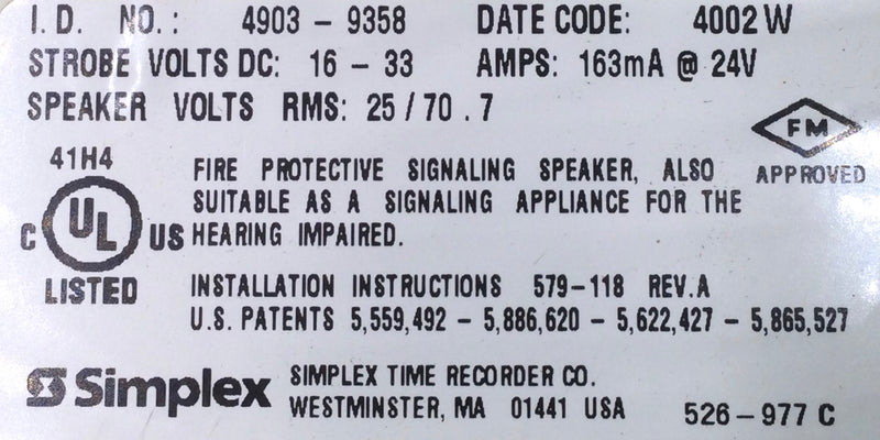 Simplex 4903-9358 163 Amp 24V Fire Protective Speaker Strobe Replacement