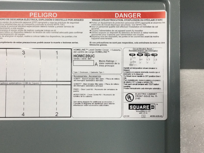 Square D HOMC20UC 20 Space 120/240V Panel/Door Only w/Main 31" x 15 1/2"