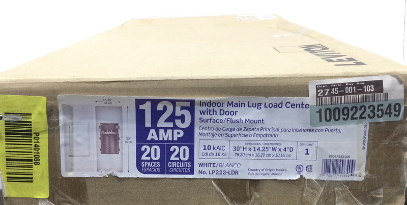 Leviton LP222-LDR 125 Amp 20 Space 1PH 3 Wire 120/240V Main Lug Load Center