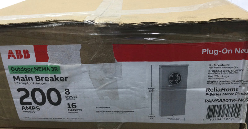 ABB PAMS820TRLNCS 200 Amp 8 Space 1PH 3 Wire 120/240V Meter Socket/Load Center