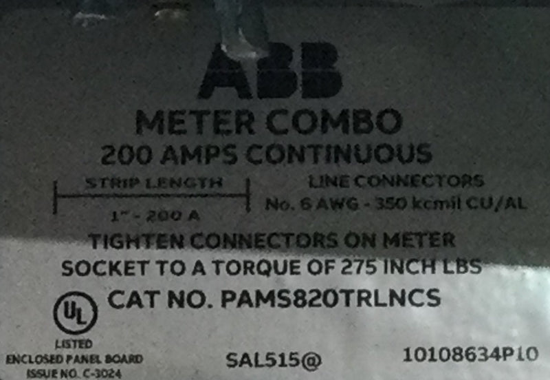 ABB PAMS820TRLNCS 200 Amp 8 Space 1PH 3 Wire 120/240V Meter Socket/Load Center
